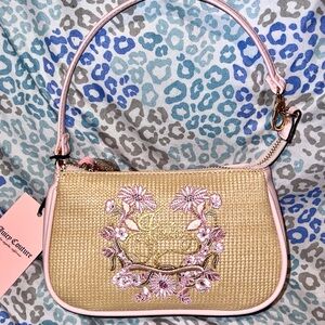 New Pink Tan Straw Juicy Couture Wristlet Purse Clutch Bag Handbag Floral Flower